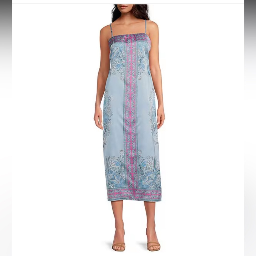 NWT Gianni Bini Rayna Satin Printed Straight Neck Midi Slip Dress